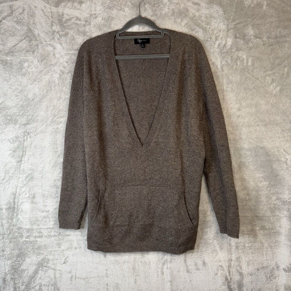 Aqua Cashmere Deep V Neck Sweater Brown Sz Small Cozy Minimalist Kangaroo Pocket